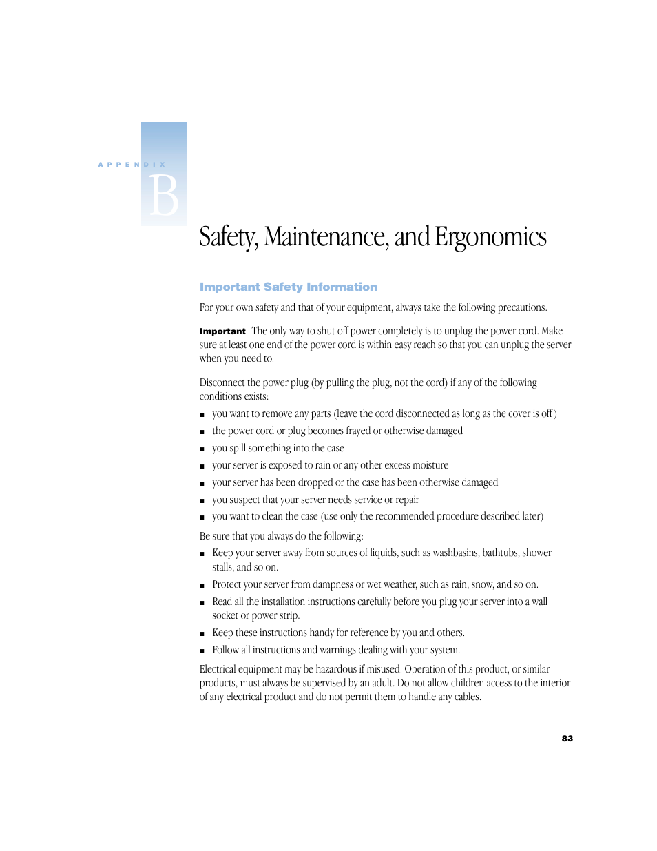 Safety, maintenance, and ergonomics, Important safety information, Appendix b safety, maintenance, and ergonomics 83 | Important safety information 83 | Apple Xserve (Slot Load) User Manual | Page 83 / 88