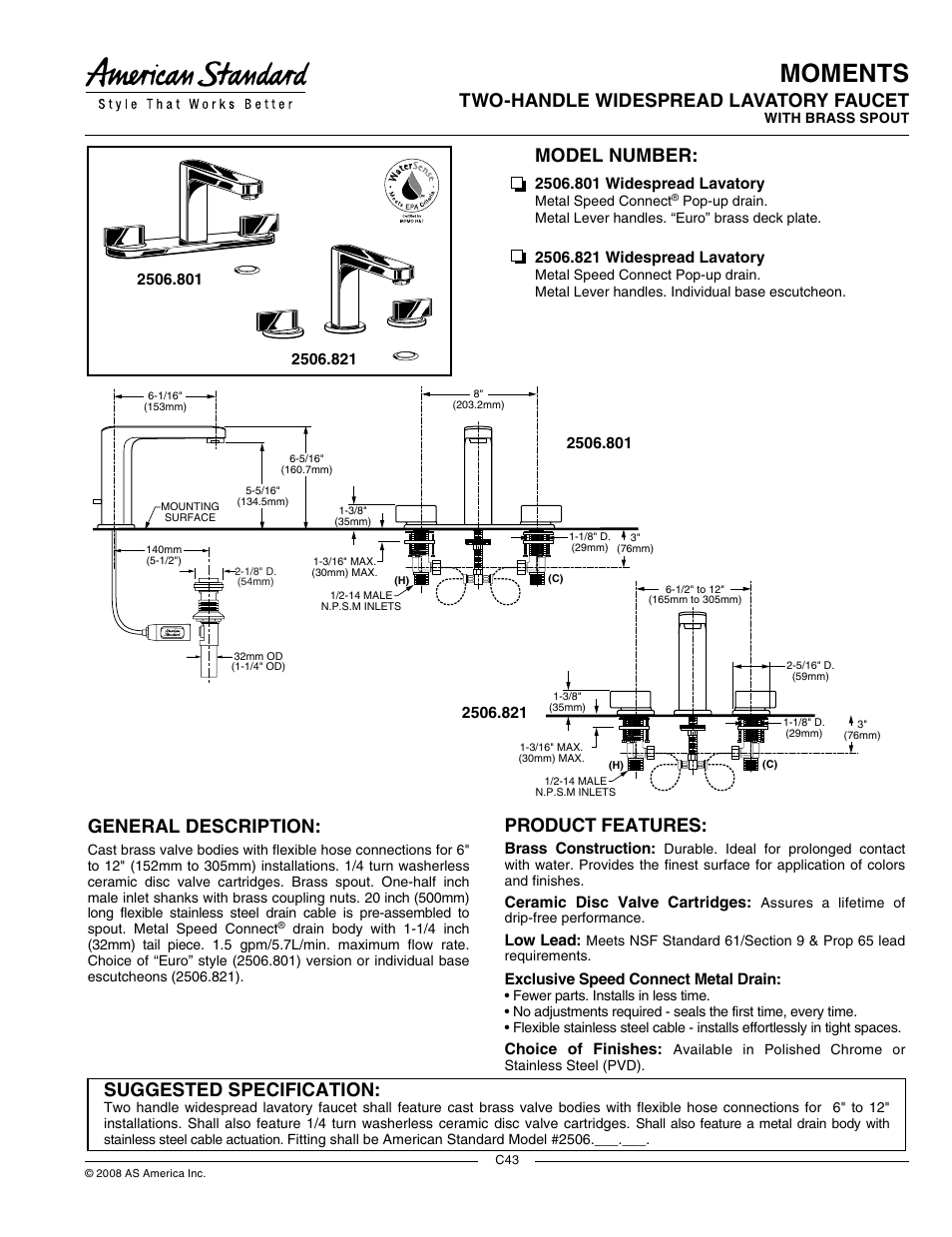 American Standard 2506.821 User Manual | 2 pages