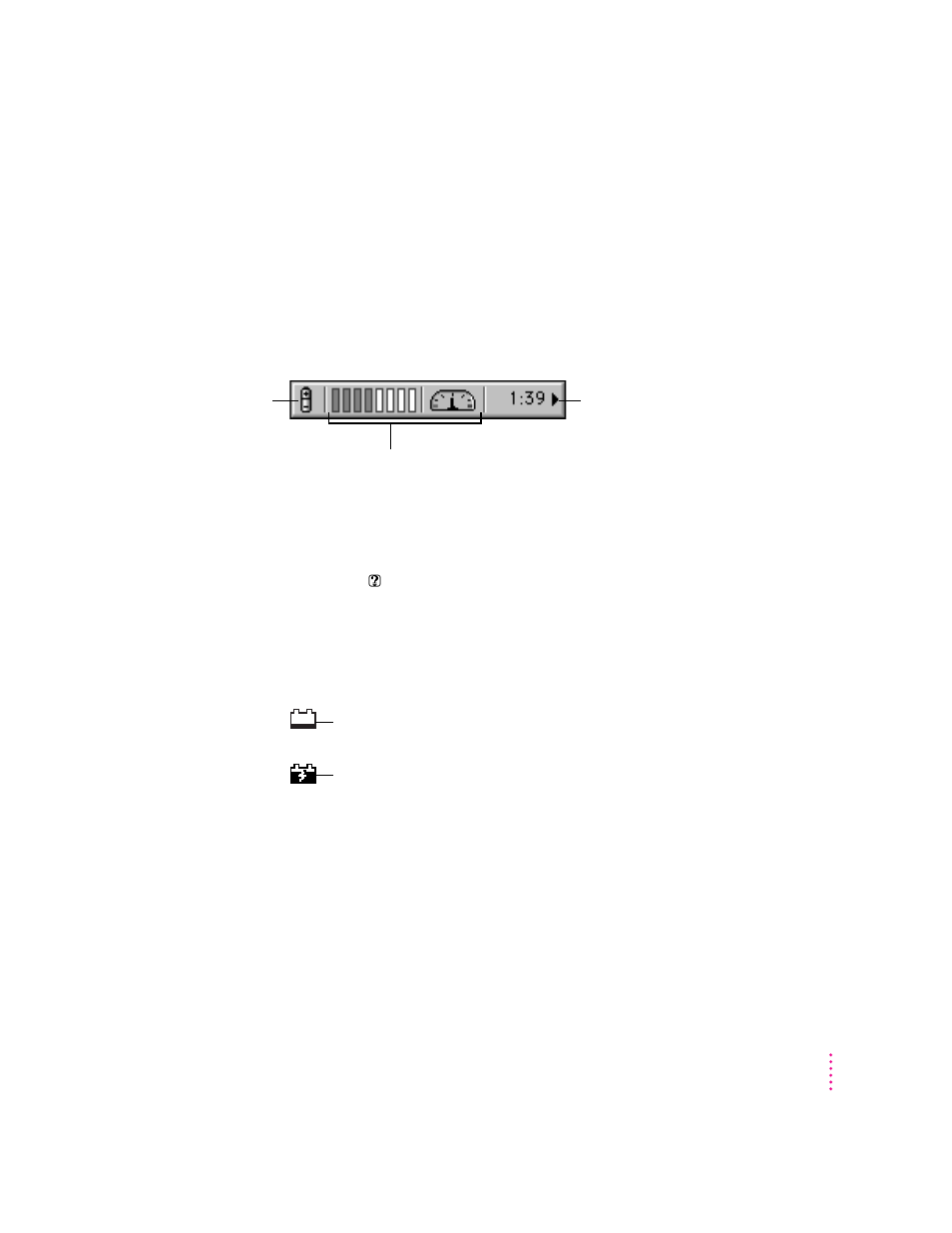 Using the control strip to monitor battery charge, Using the battery icon to monitor battery charge | Apple Macintosh PowerBook 190 Series User Manual | Page 83 / 181