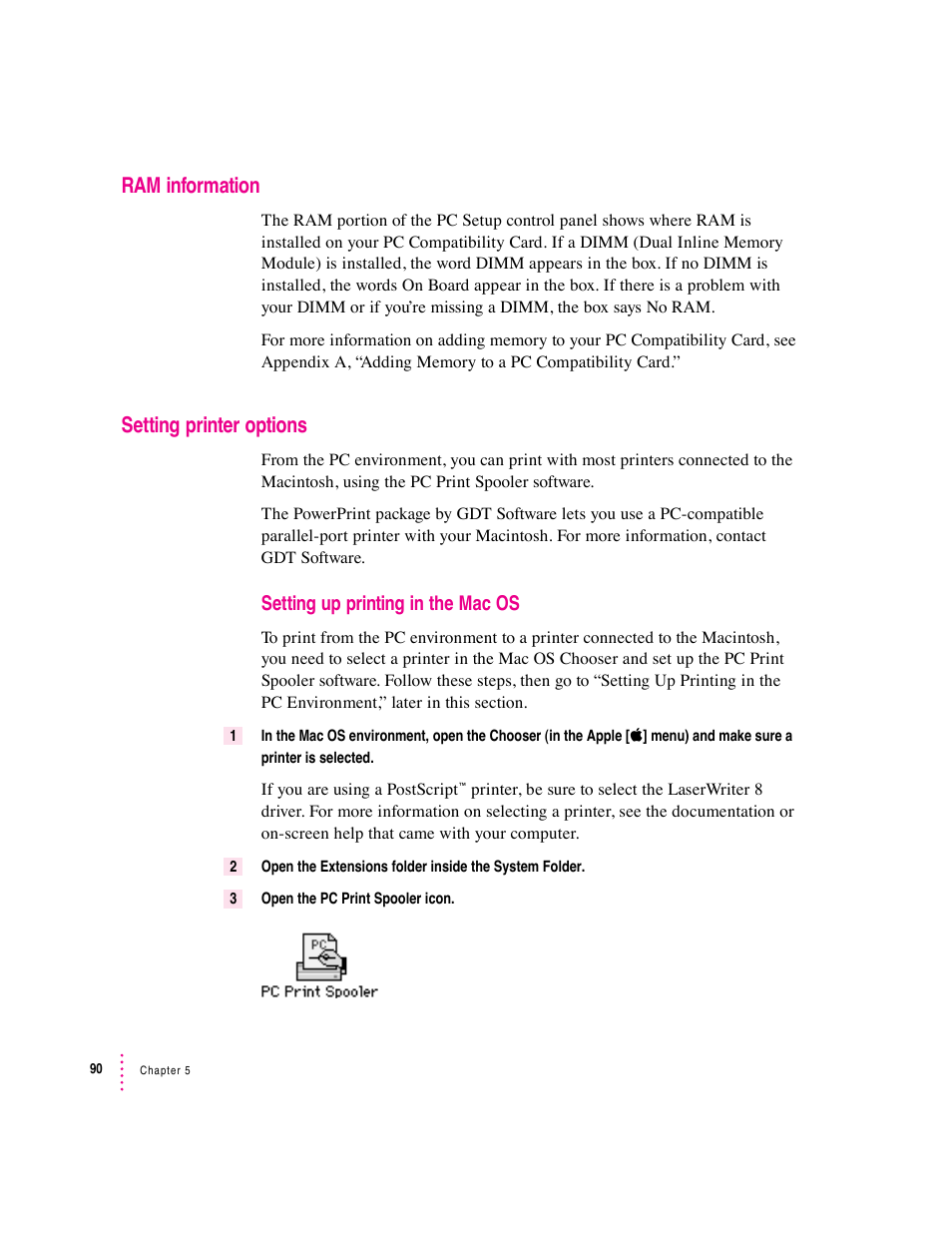Ram information, Setting printer options, Setting up printing in the mac os | Apple PC Compatibility Card 12-inch card User Manual | Page 104 / 222