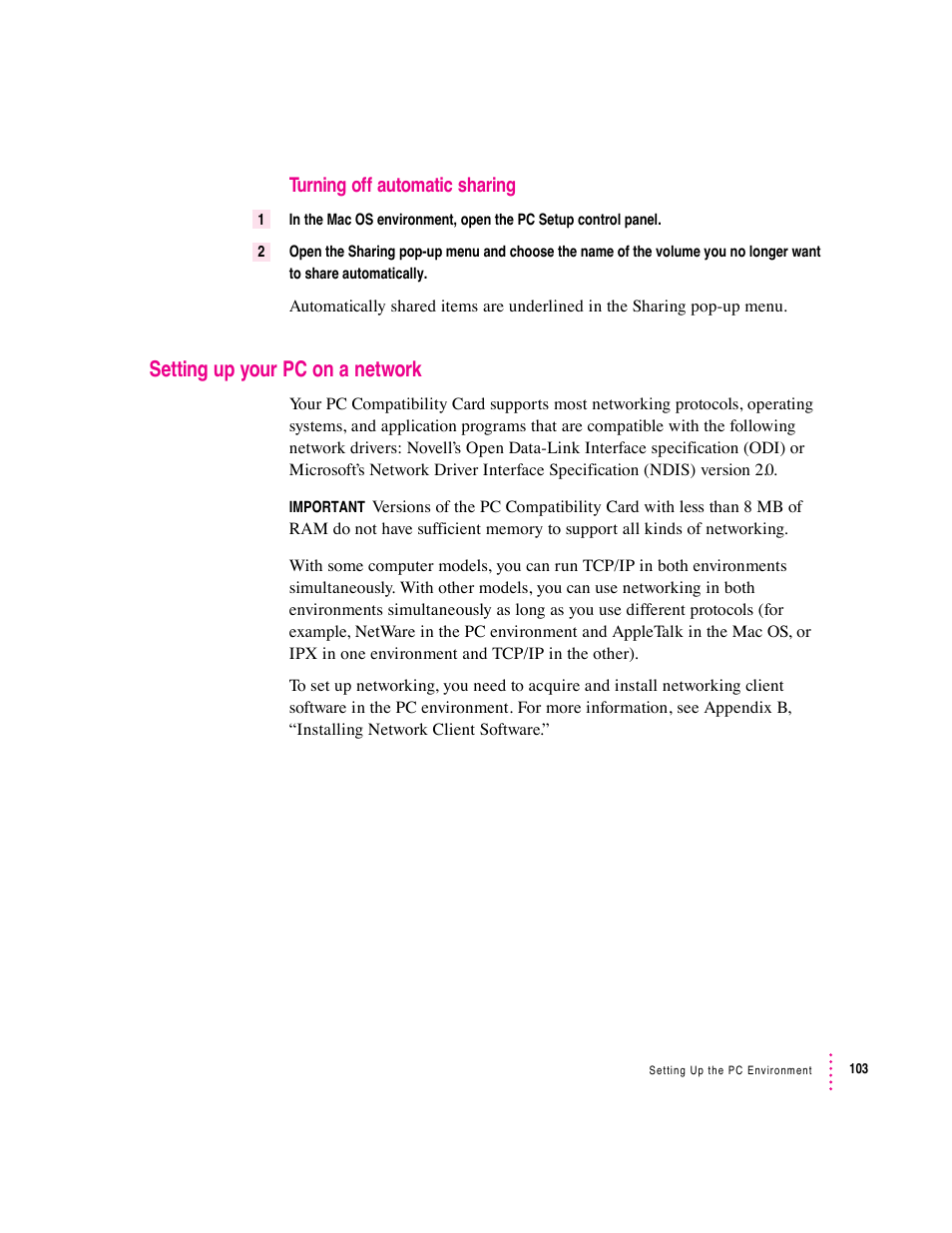 Setting up your pc on a network, Turning off automatic sharing | Apple PC Compatibility Card 12-inch card User Manual | Page 117 / 222