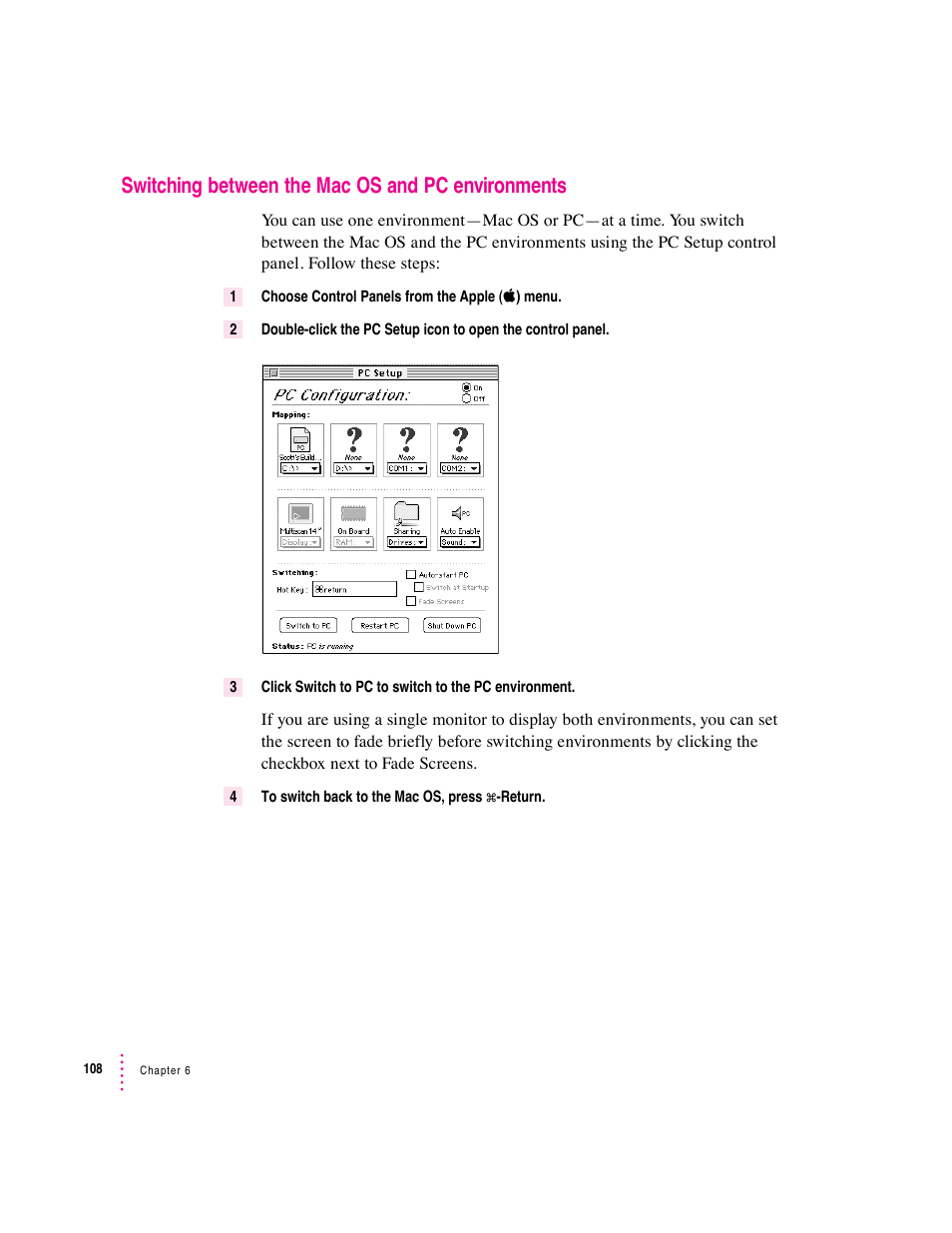 Switching between the mac os and pc environments | Apple PC Compatibility Card 12-inch card User Manual | Page 122 / 222