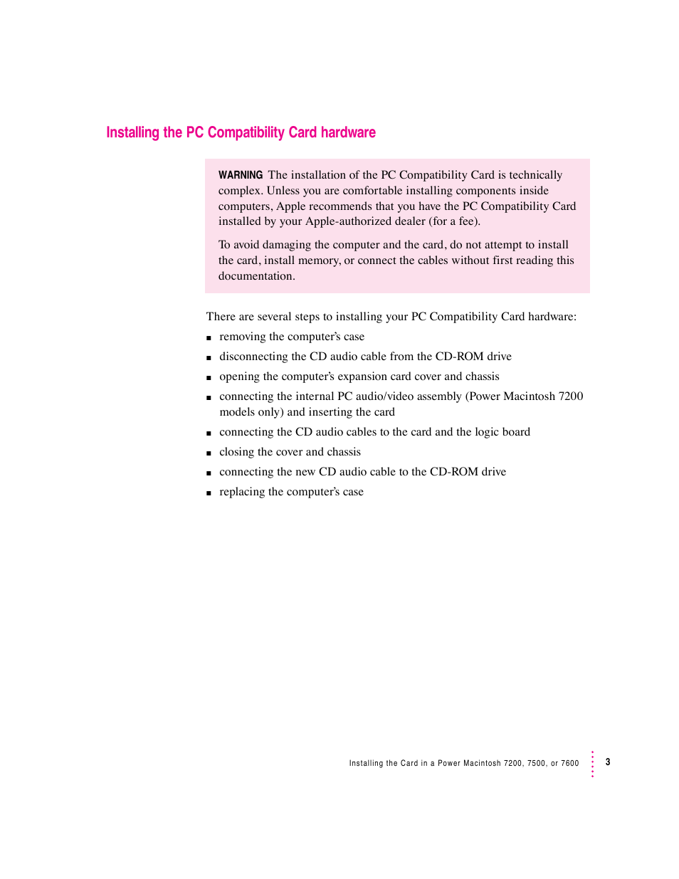 Installing the pc compatibility card hardware | Apple PC Compatibility Card 12-inch card User Manual | Page 17 / 222