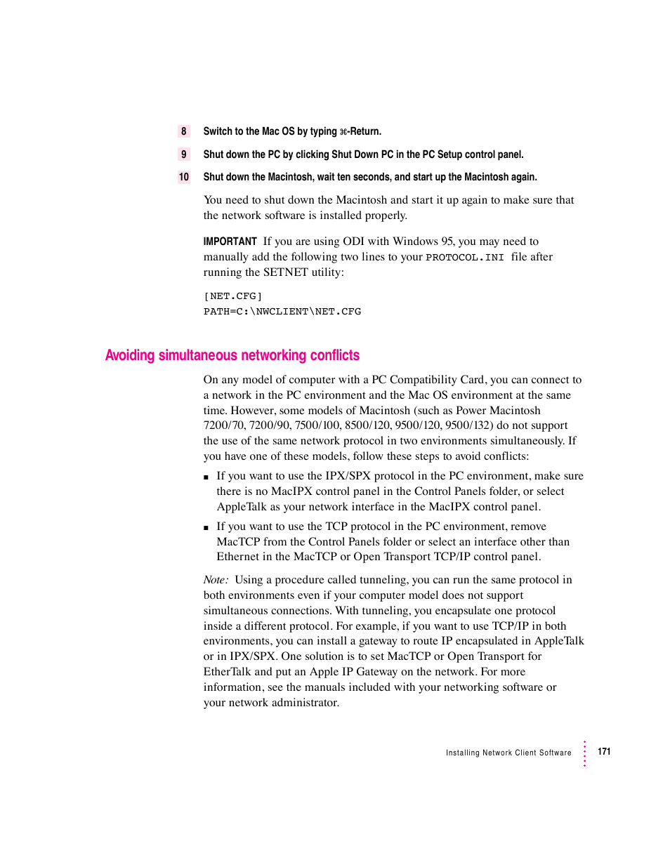 Avoiding simultaneous networking conflicts | Apple PC Compatibility Card 12-inch card User Manual | Page 185 / 222