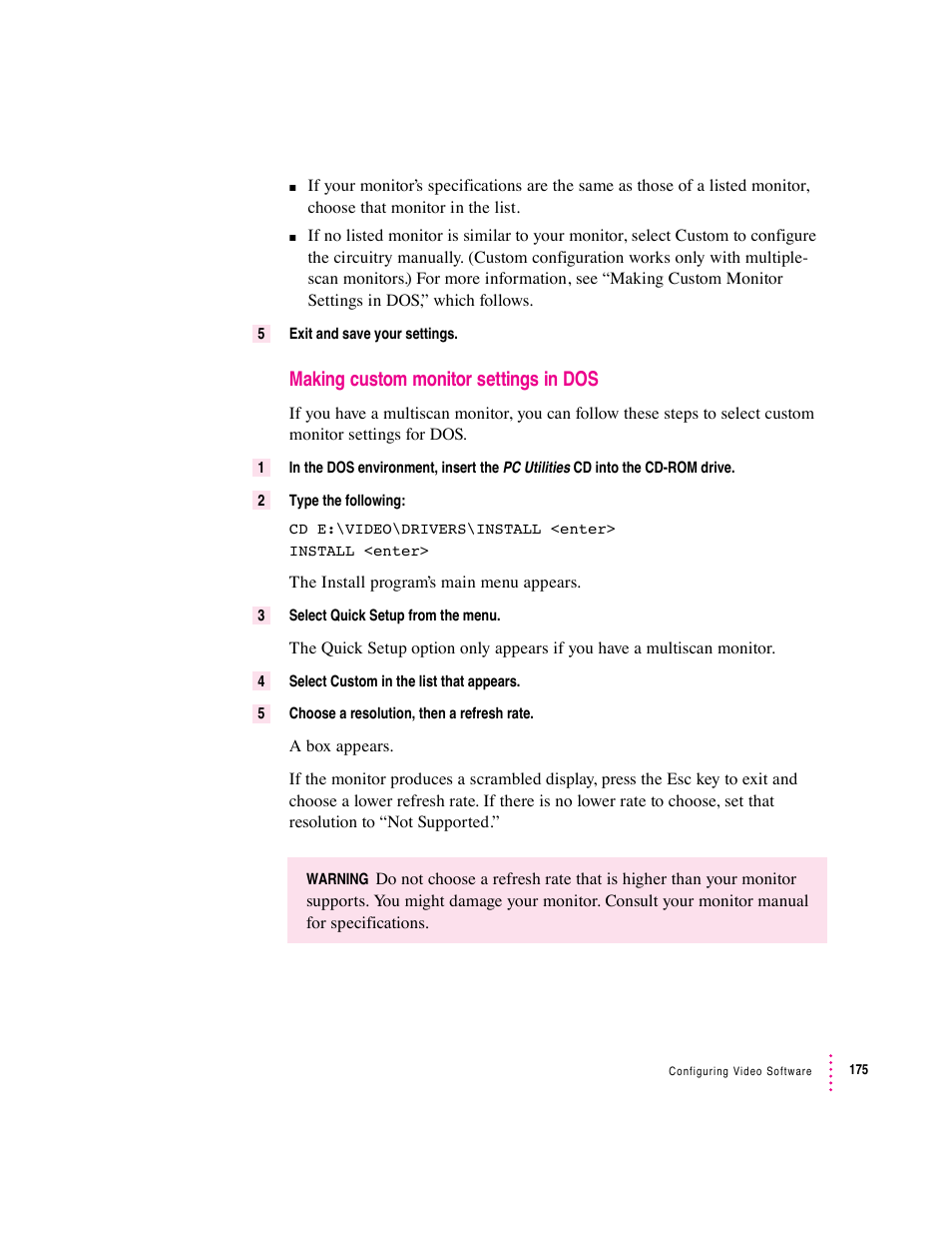 Making custom monitor settings in dos | Apple PC Compatibility Card 12-inch card User Manual | Page 189 / 222