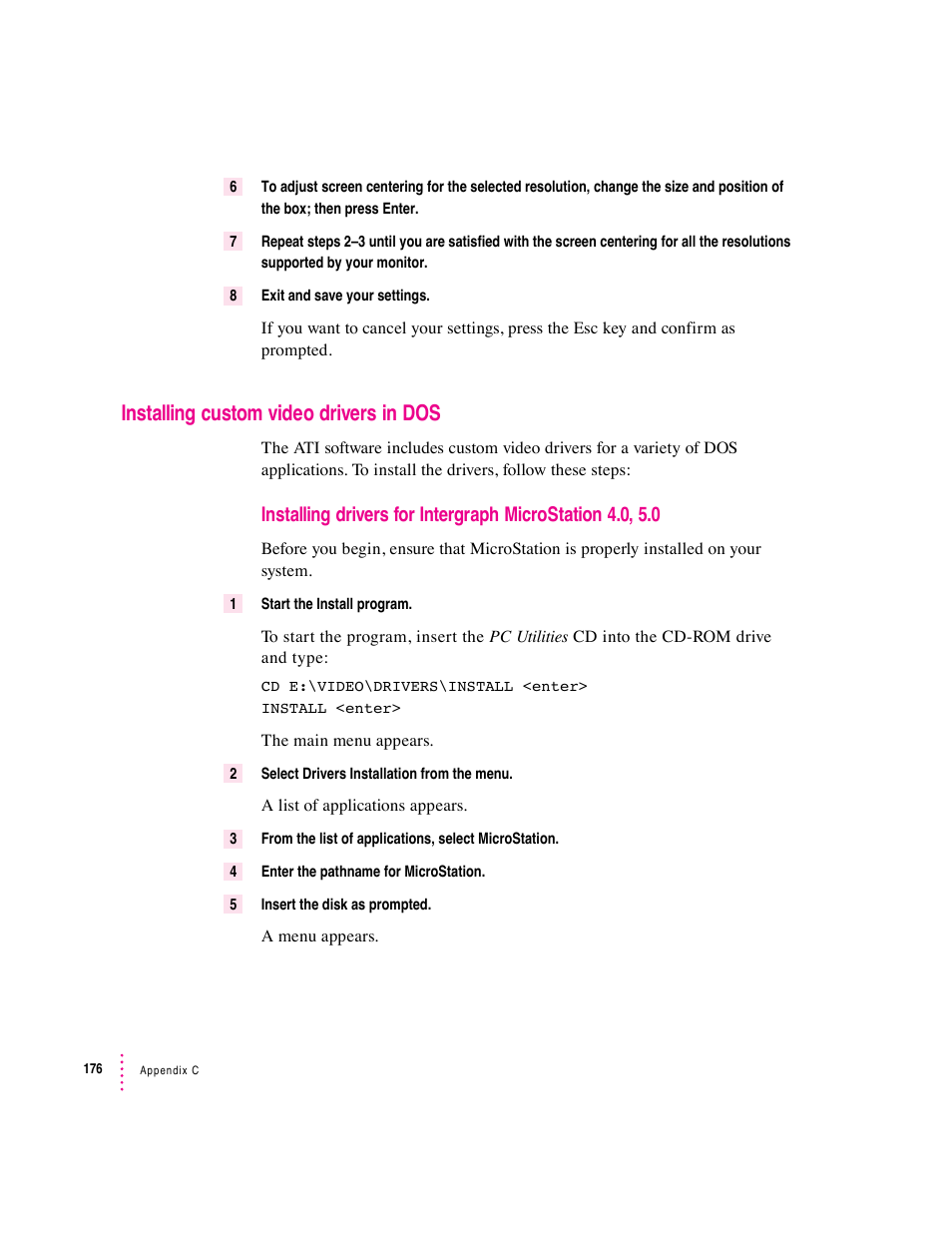 Installing custom video drivers in dos | Apple PC Compatibility Card 12-inch card User Manual | Page 190 / 222