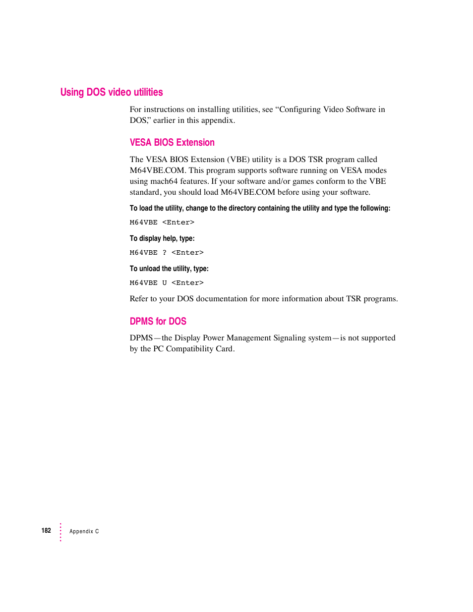 Using dos video utilities, Vesa bios extension, Dpms for dos | Apple PC Compatibility Card 12-inch card User Manual | Page 196 / 222
