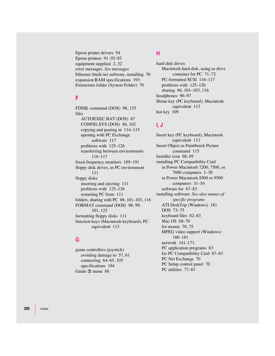 I, j | Apple PC Compatibility Card 12-inch card User Manual | Page 214 / 222