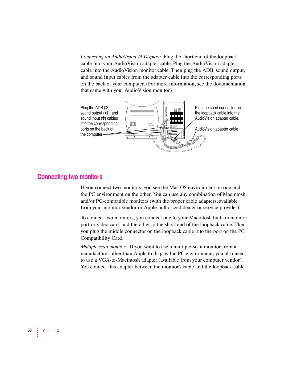 Connecting two monitors | Apple PC Compatibility Card 12-inch card User Manual | Page 74 / 222