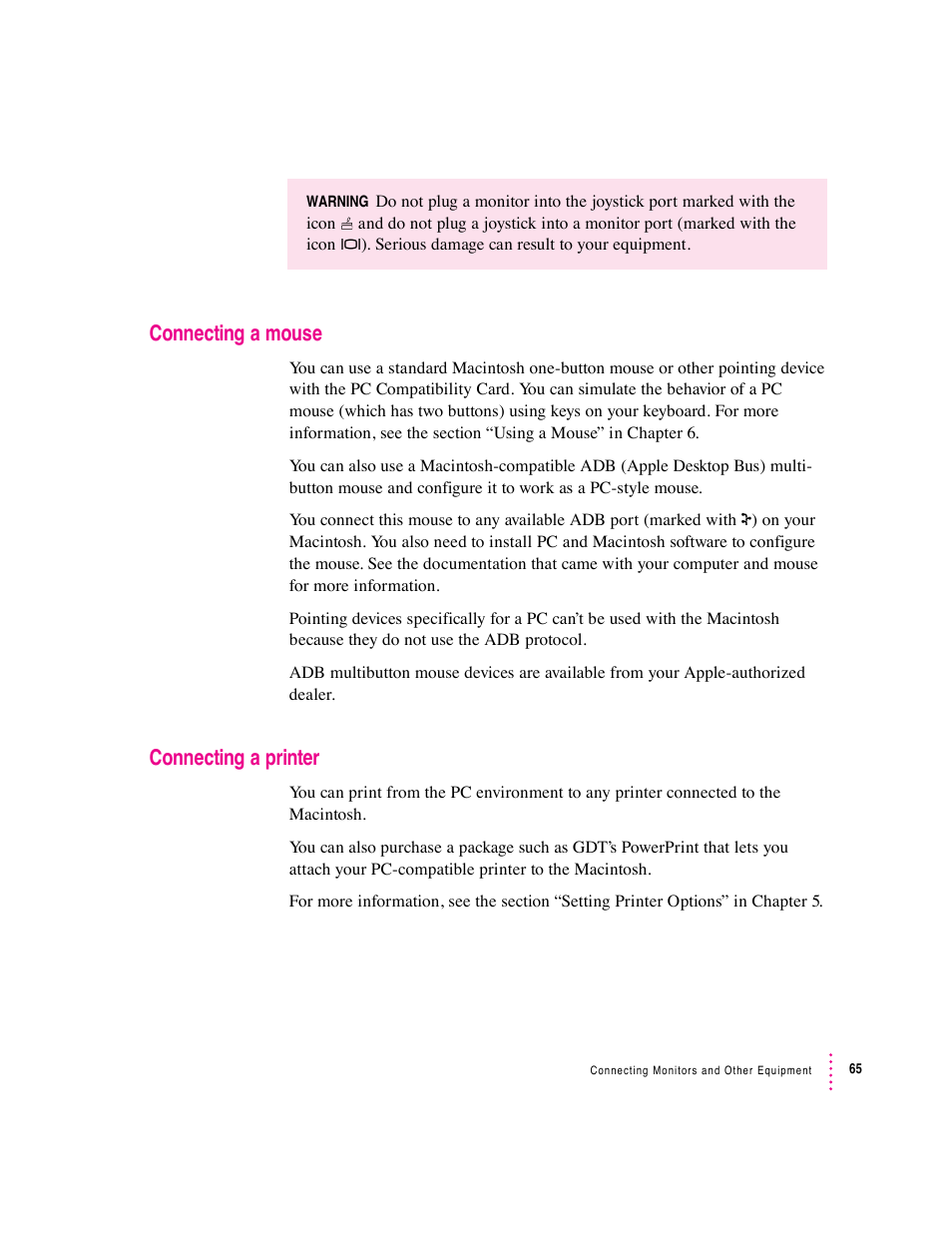 Connecting a mouse, Connecting a printer | Apple PC Compatibility Card 12-inch card User Manual | Page 79 / 222