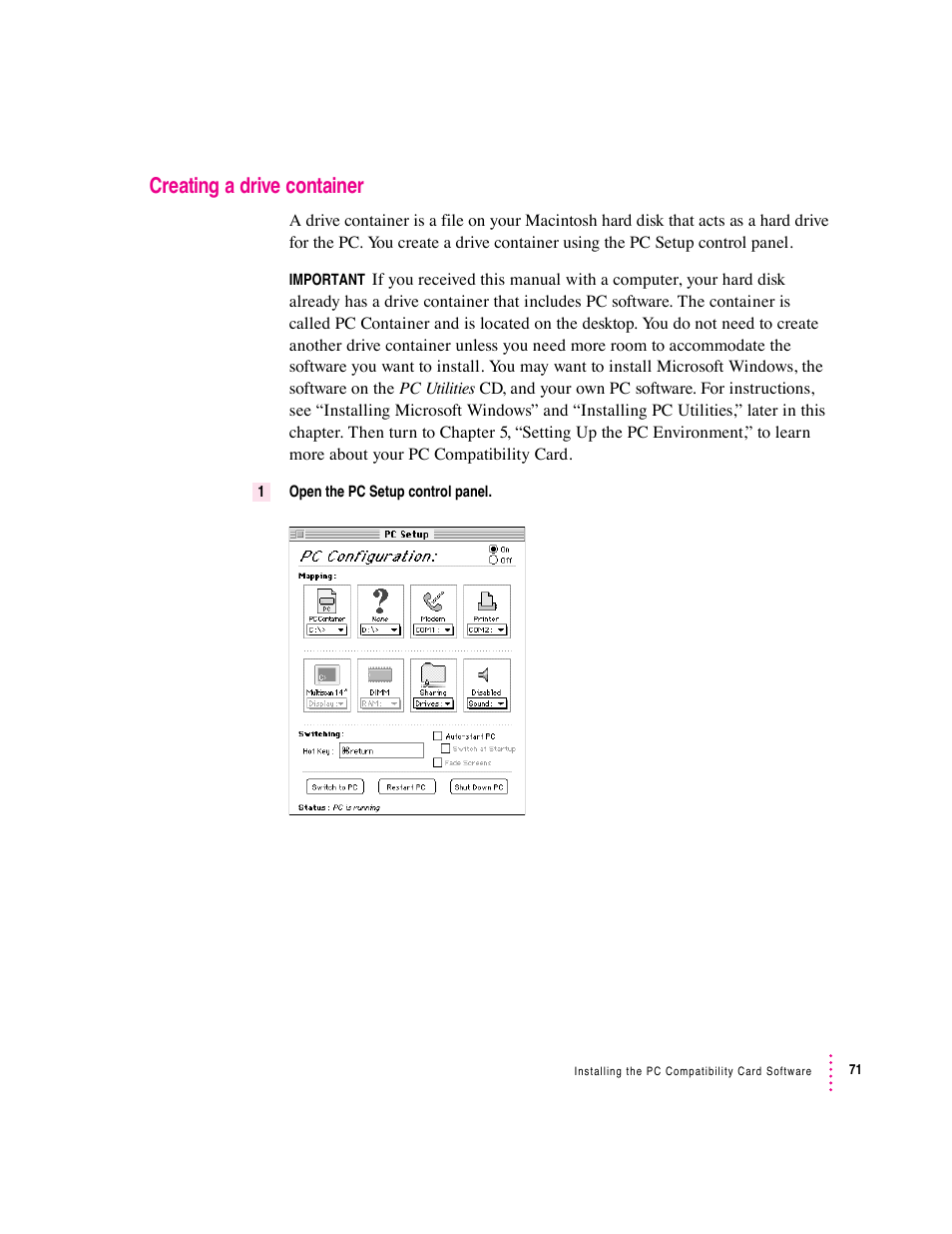 Creating a drive container | Apple PC Compatibility Card 12-inch card User Manual | Page 85 / 222