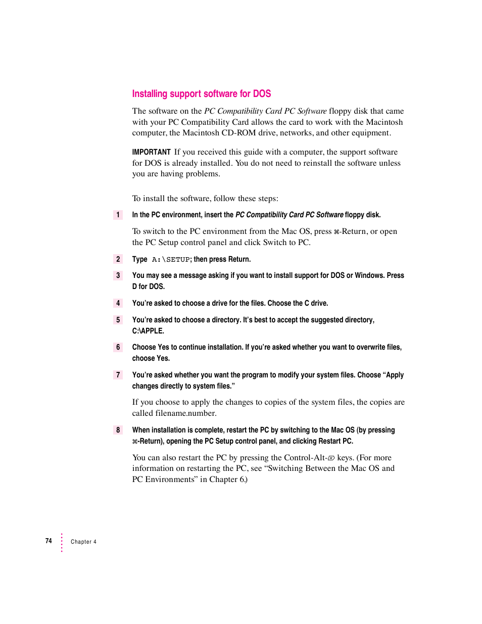 Installing support software for dos | Apple PC Compatibility Card 12-inch card User Manual | Page 88 / 222