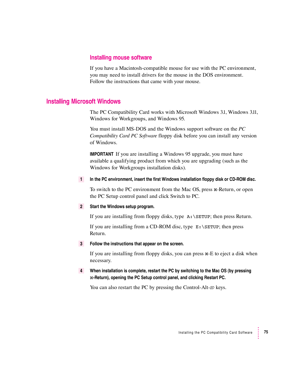 Installing microsoft windows, Installing mouse software | Apple PC Compatibility Card 12-inch card User Manual | Page 89 / 222