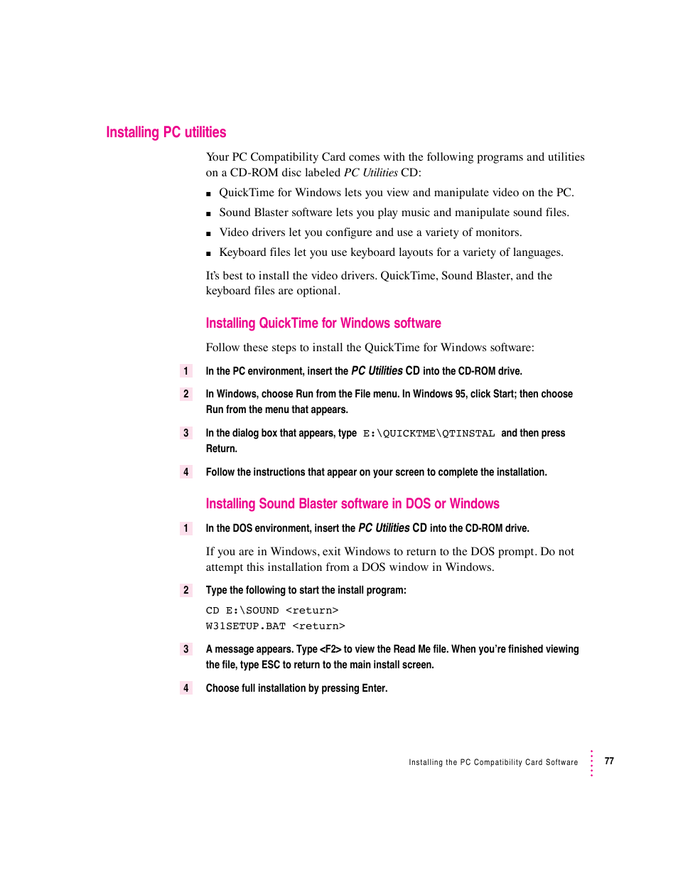 Installing pc utilities, Installing quicktime for windows software | Apple PC Compatibility Card 12-inch card User Manual | Page 91 / 222
