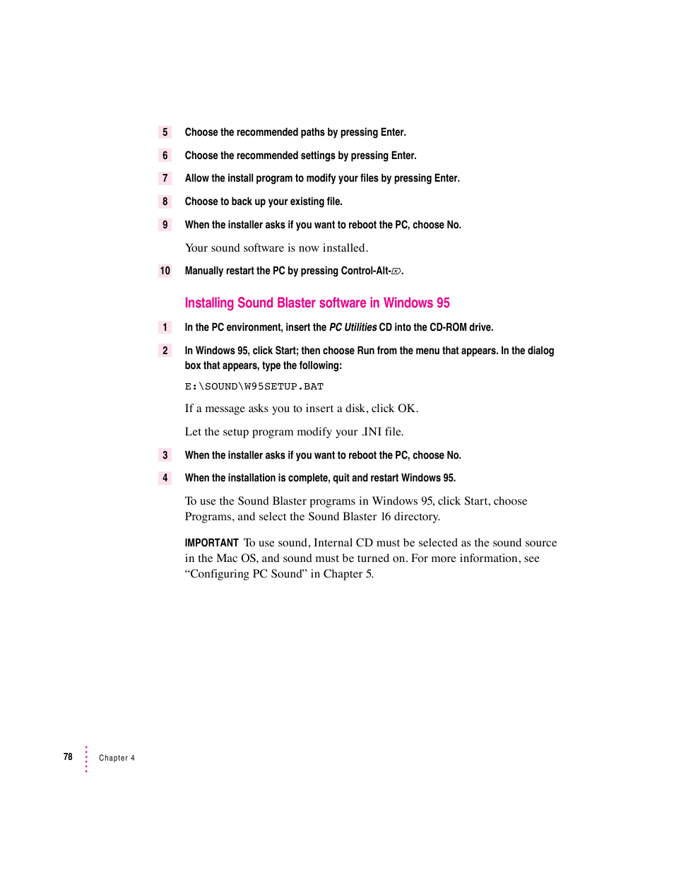 Installing sound blaster software in windows 95 | Apple PC Compatibility Card 12-inch card User Manual | Page 92 / 222