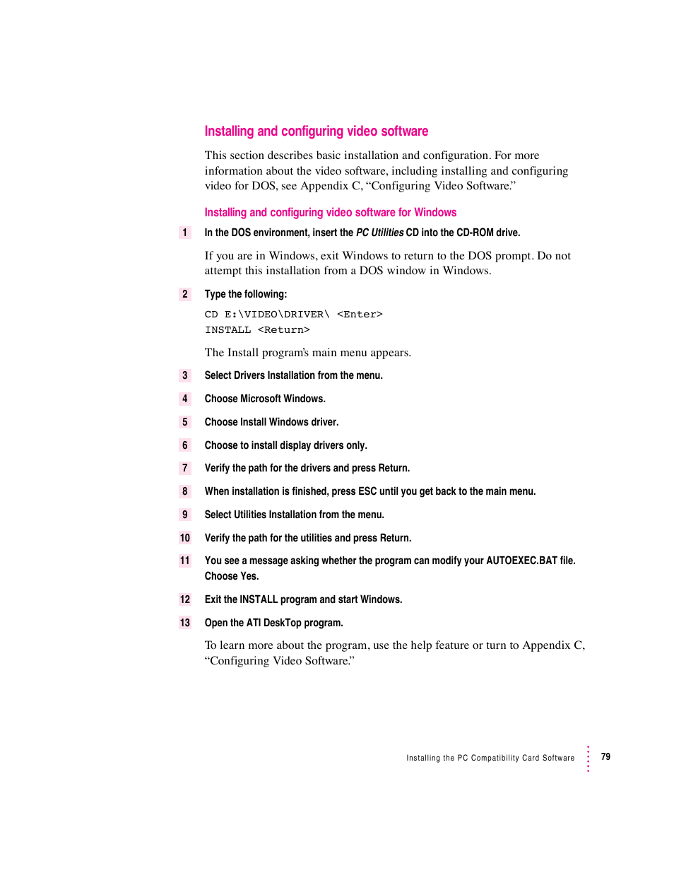 Installing and configuring video software | Apple PC Compatibility Card 12-inch card User Manual | Page 93 / 222