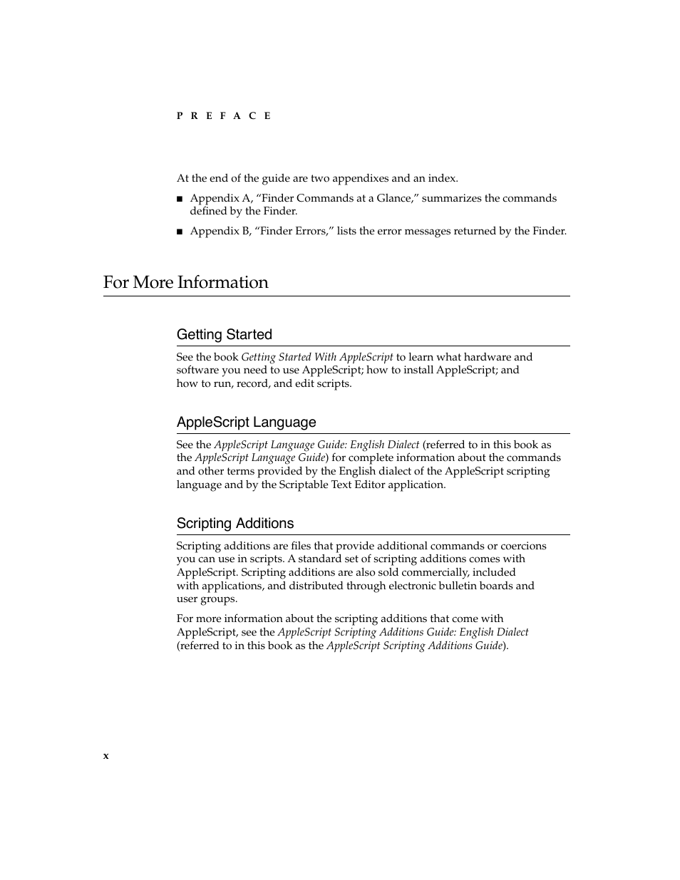 For more information 0, Getting started 0, Applescript language 0 | Scripting additions 0 | Apple AppleScript Finder Guide User Manual | Page 10 / 168