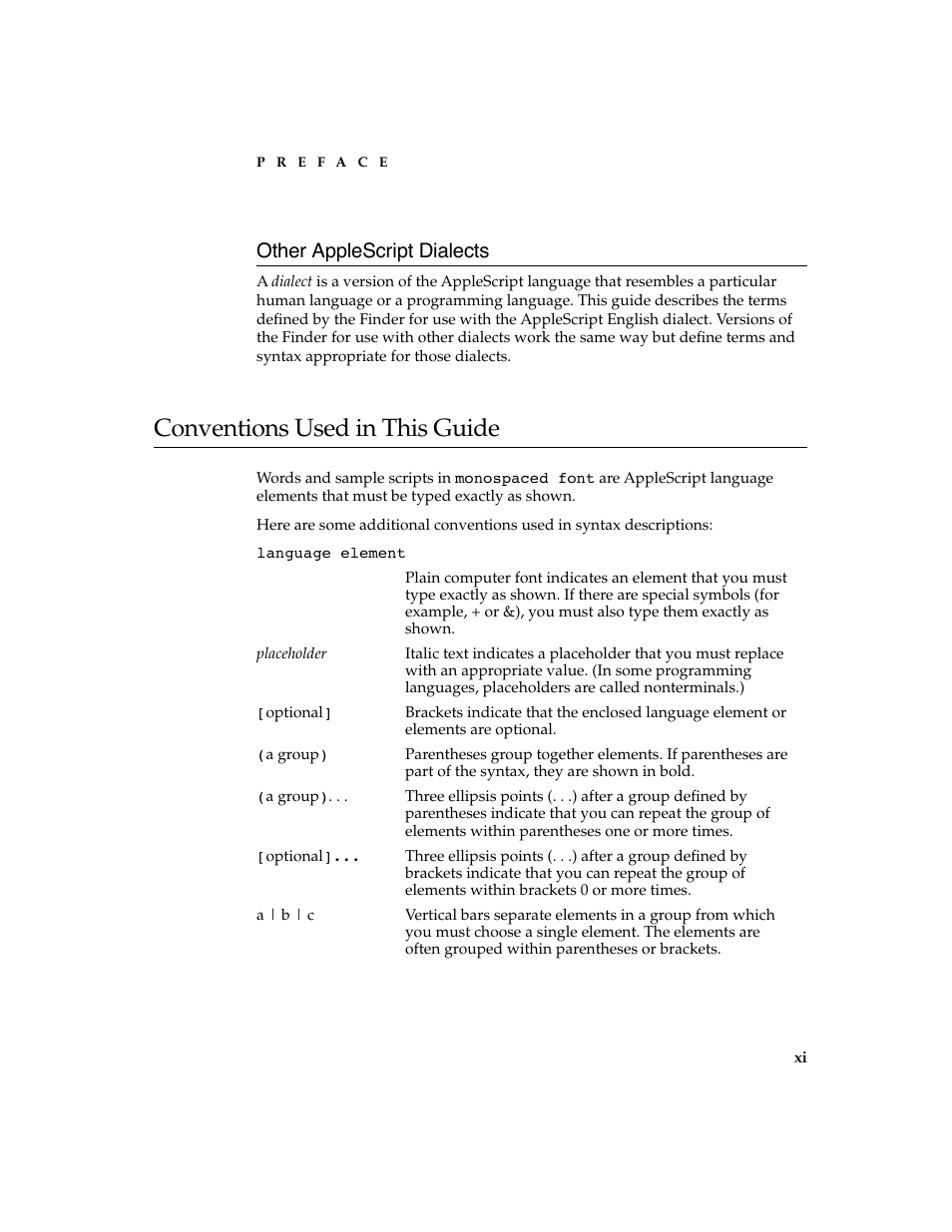 Conventions used in this guide 0, Other applescript dialects 0 | Apple AppleScript Finder Guide User Manual | Page 11 / 168