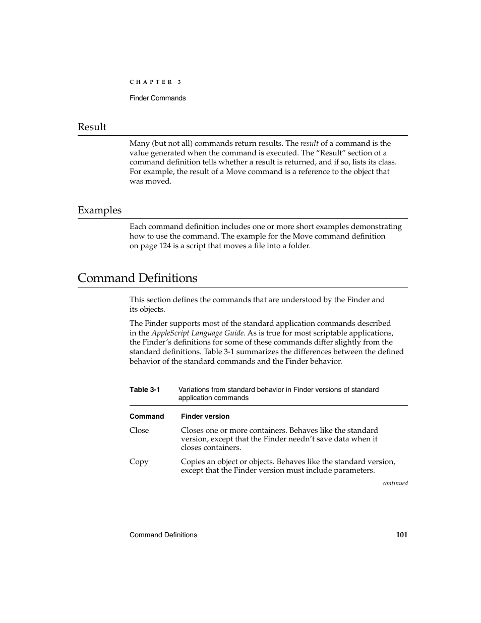 Command definitions 3, Result 3, Examples 3 | Apple AppleScript Finder Guide User Manual | Page 113 / 168