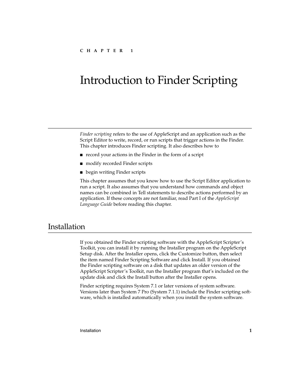 Introduction to finder scripting 1, Installation 1 | Apple AppleScript Finder Guide User Manual | Page 13 / 168