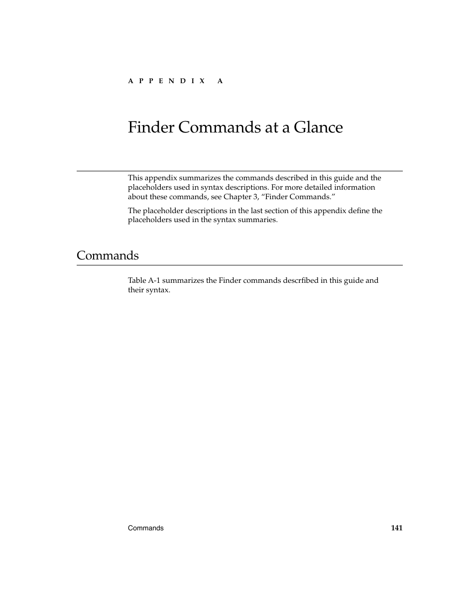 Finder commands at a glance a, Commands a | Apple AppleScript Finder Guide User Manual | Page 153 / 168