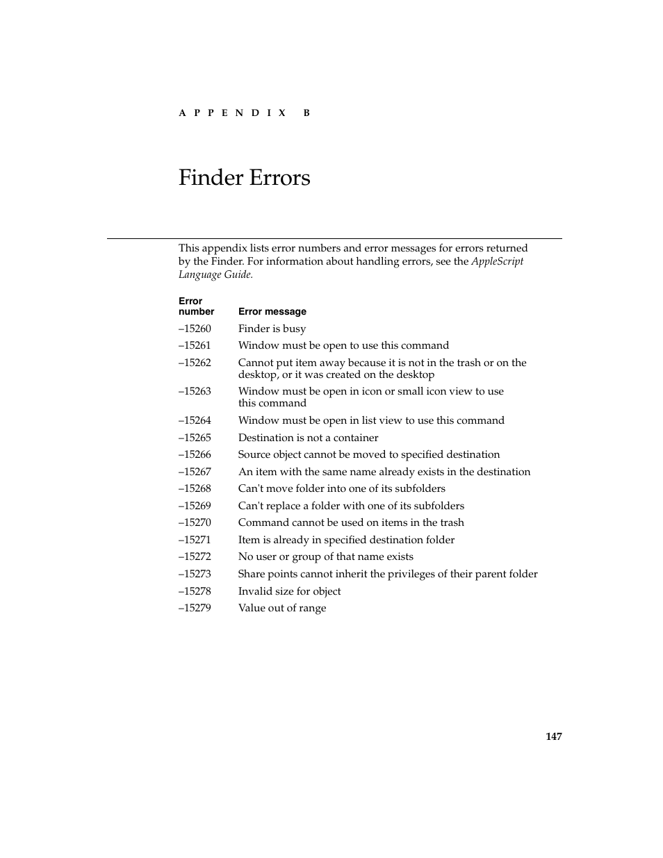 Finder errors b | Apple AppleScript Finder Guide User Manual | Page 159 / 168