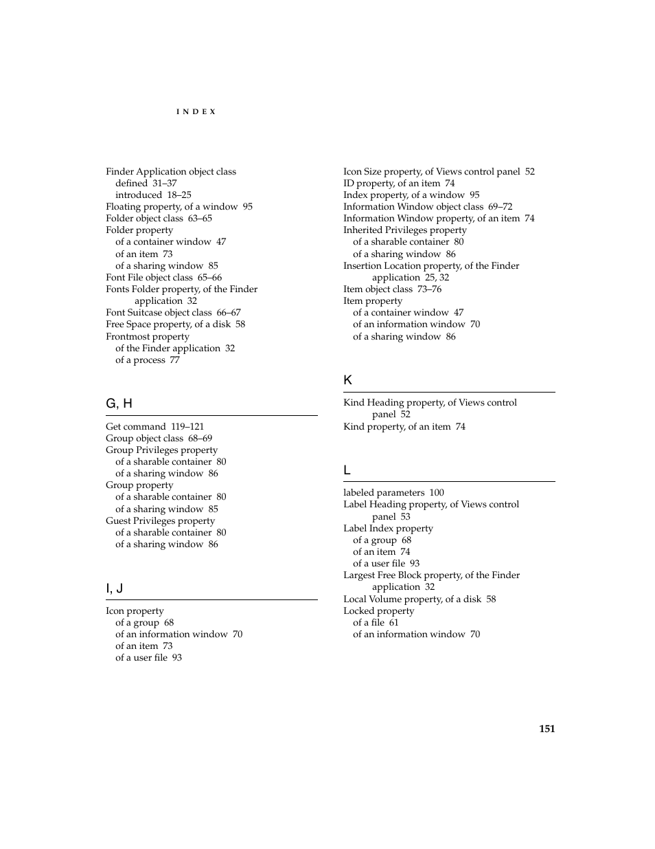 G, h, I, j | Apple AppleScript Finder Guide User Manual | Page 163 / 168