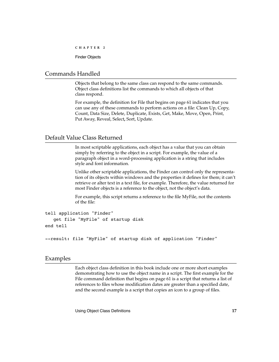 Commands handled 2, Default value class returned 2, Examples 2 | Apple AppleScript Finder Guide User Manual | Page 29 / 168