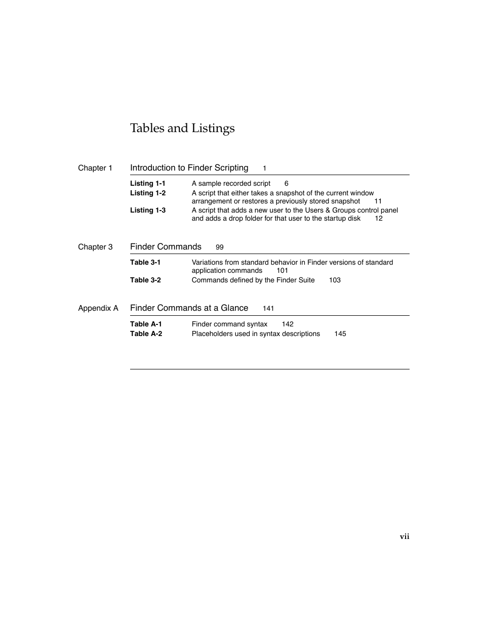 Tables and listings | Apple AppleScript Finder Guide User Manual | Page 7 / 168