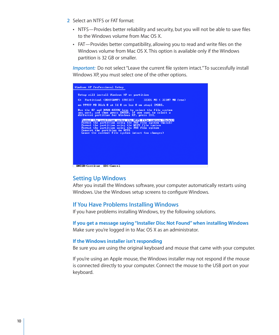 If you have problems installing windows, If the windows installer isn’t responding, Setting up windows | Apple Boot Camp Mac OS X v10.6 Snow Leopard User Manual | Page 10 / 18