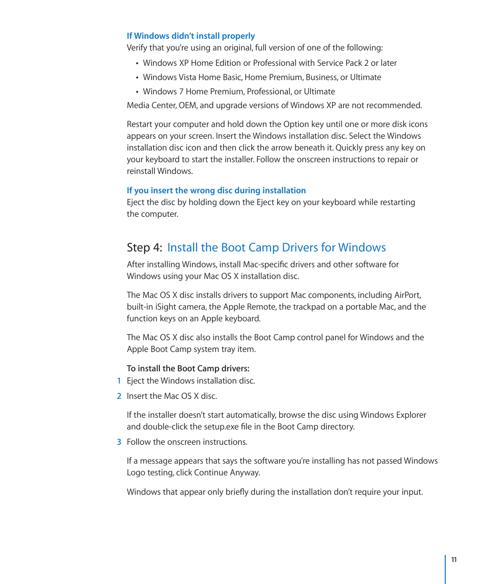 If windows didn’t install properly, If you insert the wrong disc during installation, Step 4: install the boot camp drivers for windows | Apple Boot Camp Mac OS X v10.6 Snow Leopard User Manual | Page 11 / 18