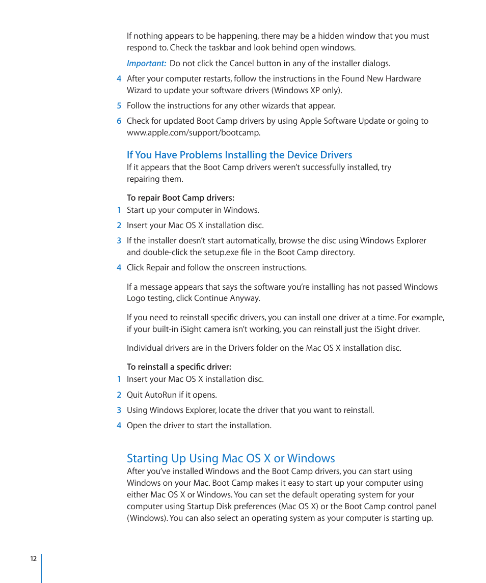 If you have problems installing the device drivers, Starting up using mac os x or windows | Apple Boot Camp Mac OS X v10.6 Snow Leopard User Manual | Page 12 / 18