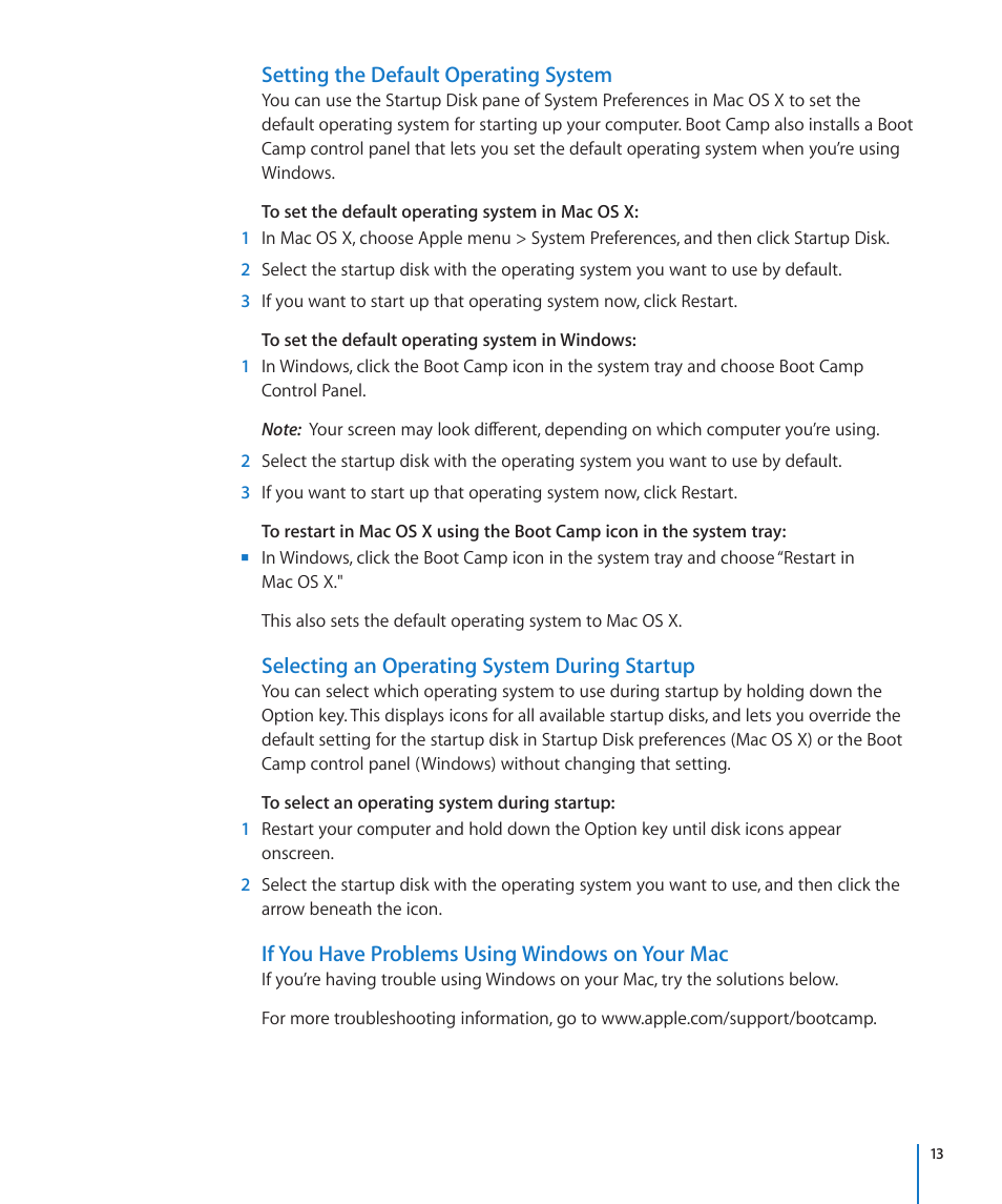 If you have problems using windows on your mac, Selecting an operating system during startup, Setting the default operating system | Apple Boot Camp Mac OS X v10.6 Snow Leopard User Manual | Page 13 / 18
