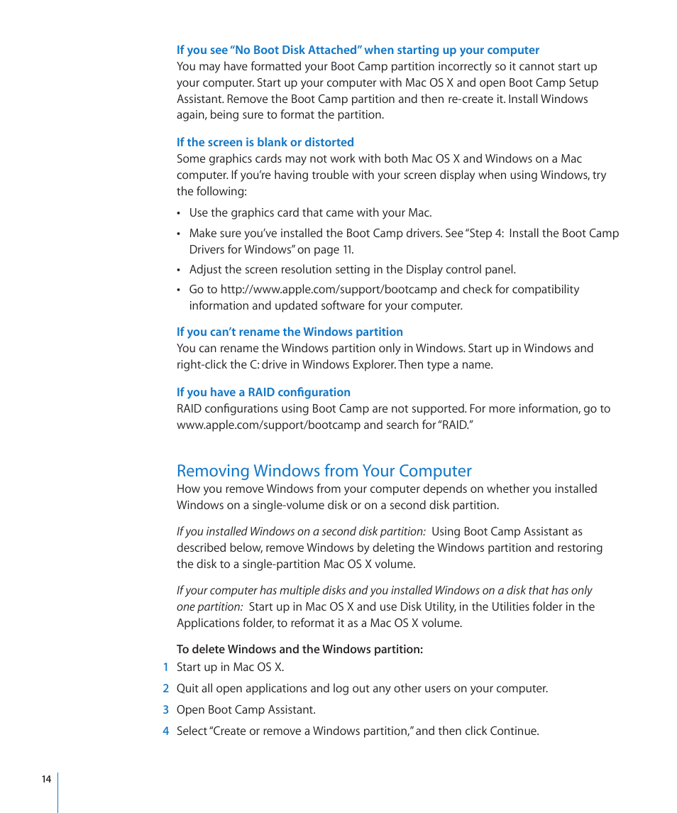 If the screen is blank or distorted, If you can’t rename the windows partition, If you have a raid configuration | Removing windows from your computer | Apple Boot Camp Mac OS X v10.6 Snow Leopard User Manual | Page 14 / 18