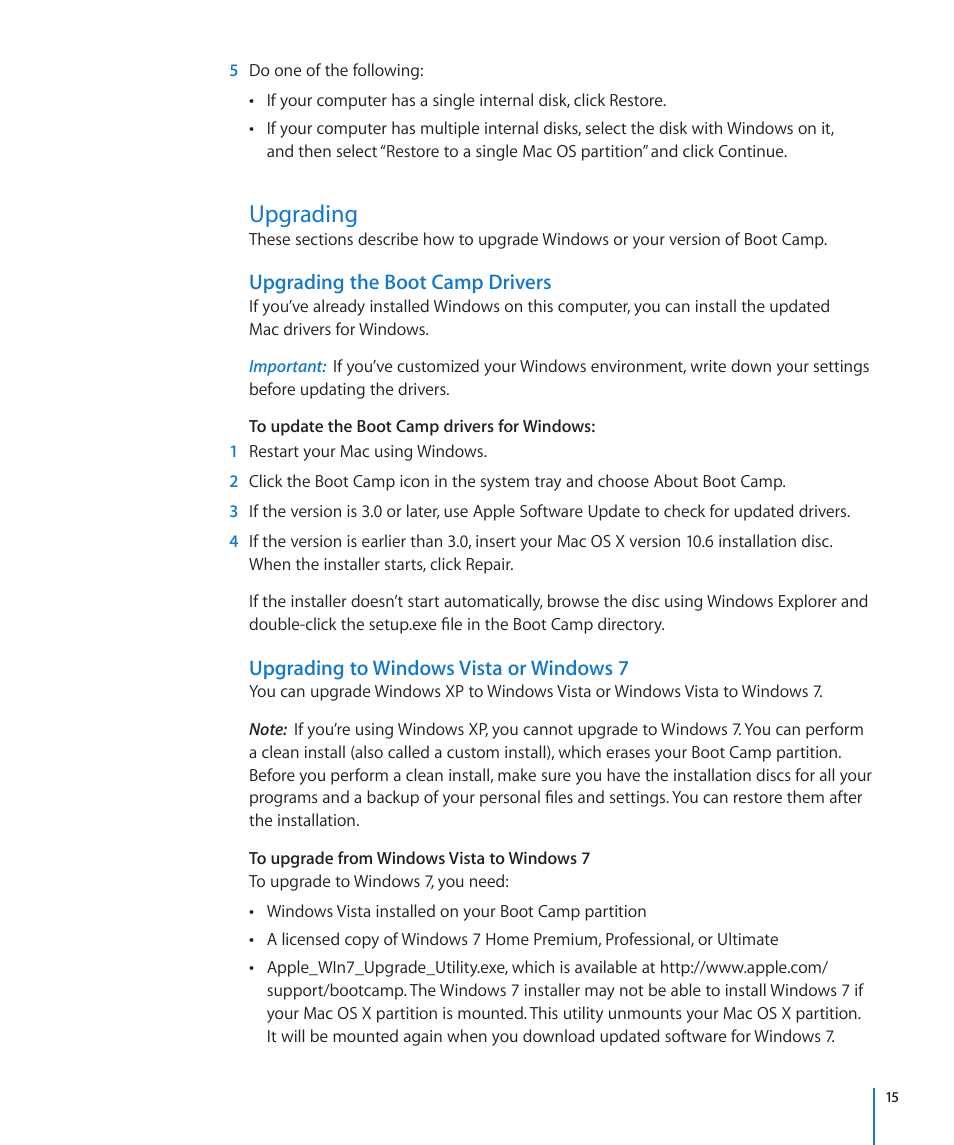 Upgrading, Upgrading the boot camp drivers, Upgrading to windows vista or windows 7 | Apple Boot Camp Mac OS X v10.6 Snow Leopard User Manual | Page 15 / 18