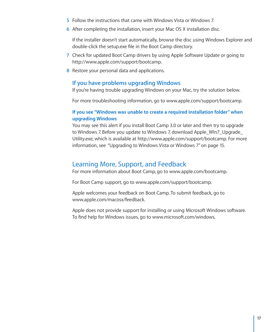 If you have problems upgrading windows, Learning more, support, and feedback | Apple Boot Camp Mac OS X v10.6 Snow Leopard User Manual | Page 17 / 18