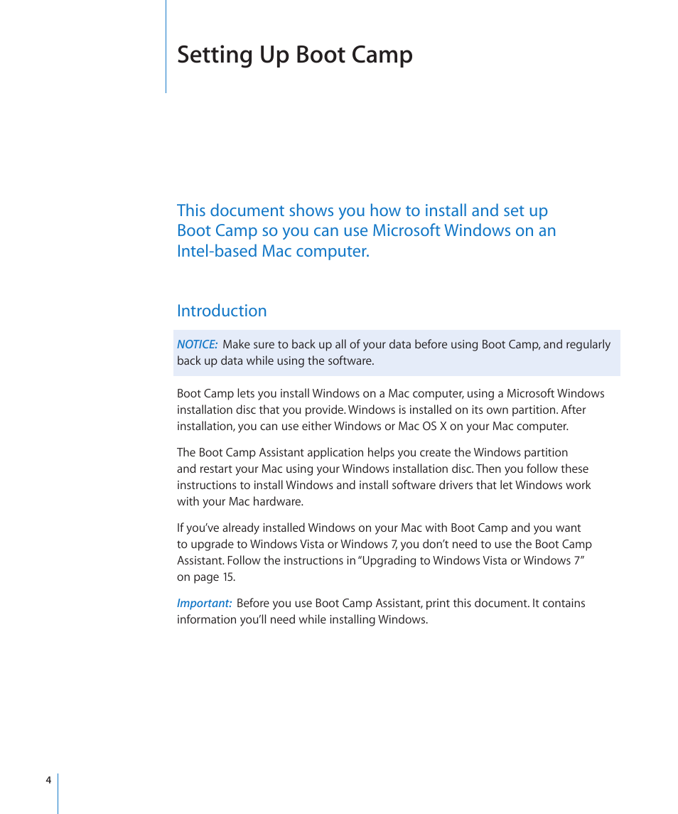 Introduction, Setting up boot camp | Apple Boot Camp Mac OS X v10.6 Snow Leopard User Manual | Page 4 / 18