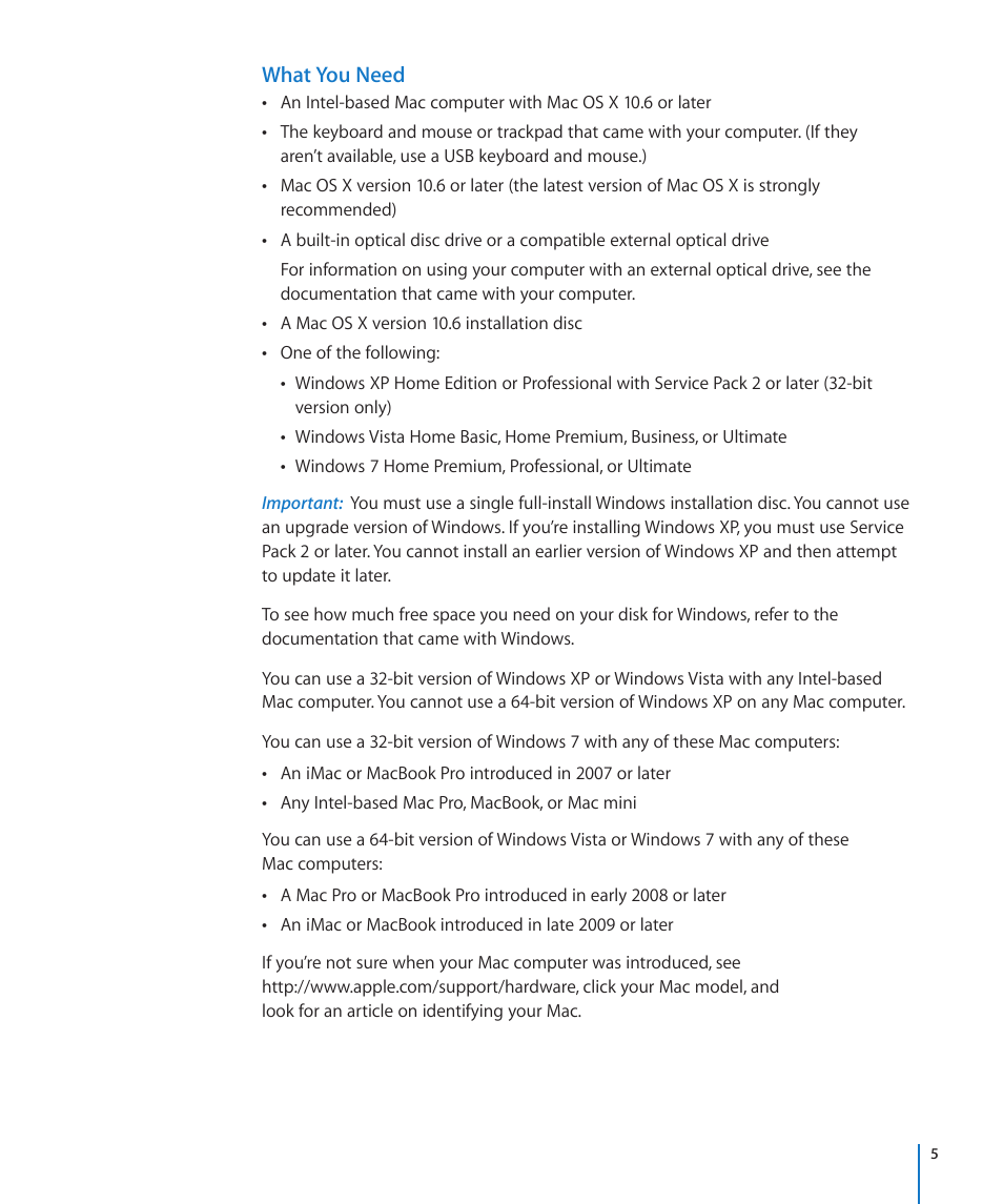 What you need | Apple Boot Camp Mac OS X v10.6 Snow Leopard User Manual | Page 5 / 18