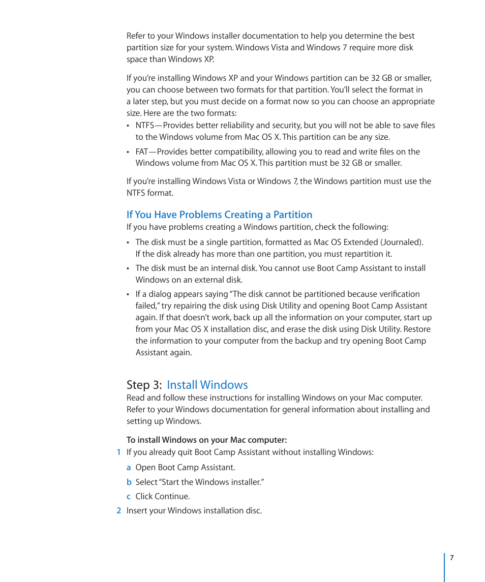 If you have problems creating a partition, Step 3: install windows | Apple Boot Camp Mac OS X v10.6 Snow Leopard User Manual | Page 7 / 18