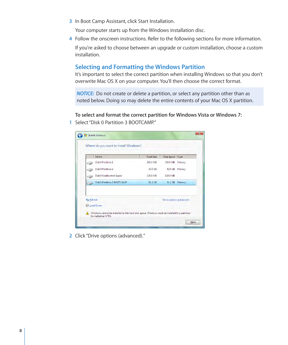 Selecting and formatting the windows partition | Apple Boot Camp Mac OS X v10.6 Snow Leopard User Manual | Page 8 / 18