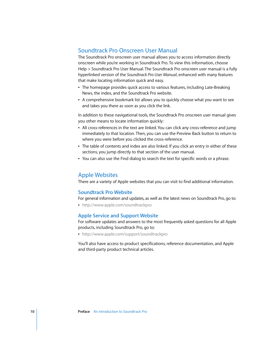 Soundtrack pro onscreen user manual, Apple websites, Soundtrack pro website | Apple service and support website | Apple Soundtrack Pro User Manual | Page 10 / 311