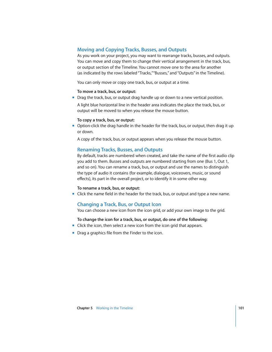 Moving and copying tracks, busses, and outputs, Renaming tracks, busses, and outputs, Changing a track, bus, or output icon | Apple Soundtrack Pro User Manual | Page 101 / 311