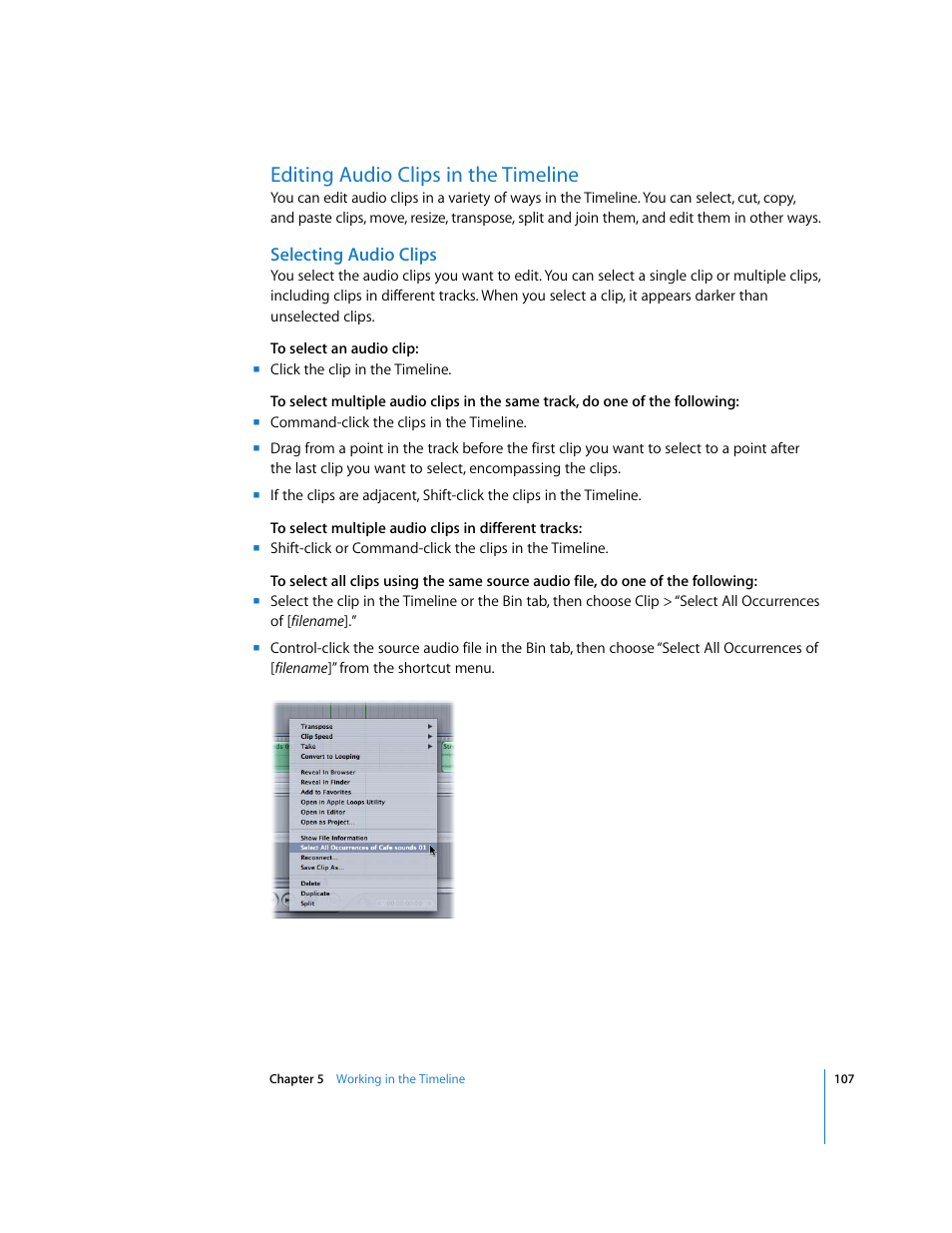 Editing audio clips in the timeline, Selecting audio clips | Apple Soundtrack Pro User Manual | Page 107 / 311