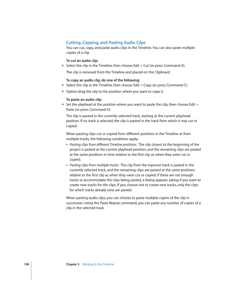 Cutting, copying, and pasting audio clips | Apple Soundtrack Pro User Manual | Page 108 / 311