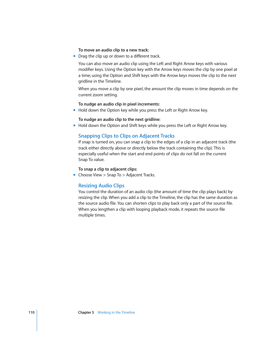 Snapping clips to clips on adjacent tracks, Resizing audio clips | Apple Soundtrack Pro User Manual | Page 110 / 311