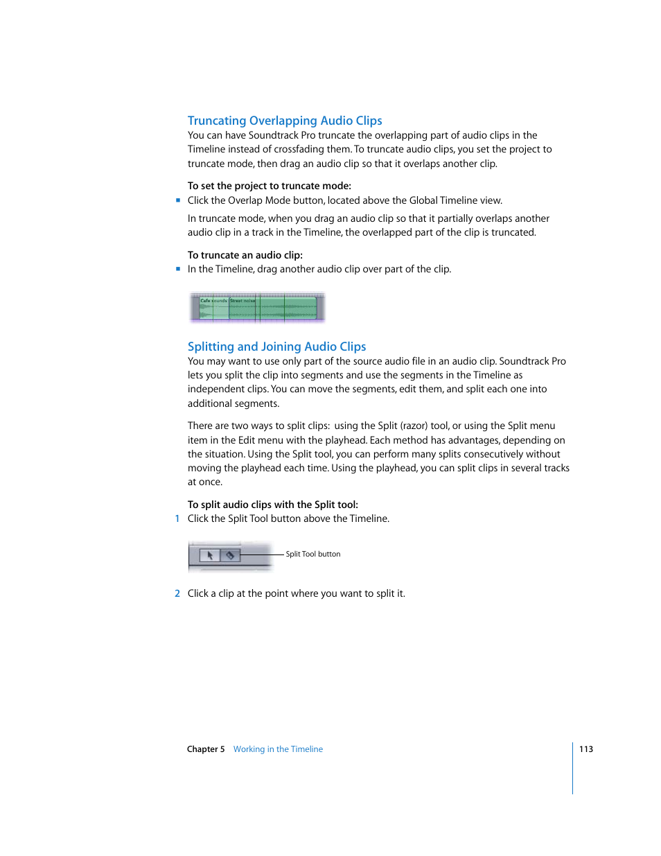 Truncating overlapping audio clips, Splitting and joining audio clips | Apple Soundtrack Pro User Manual | Page 113 / 311