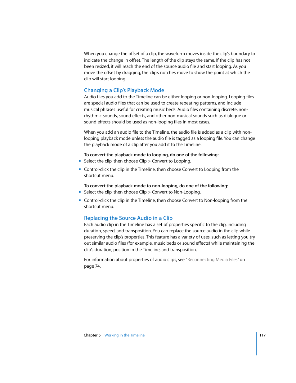 Changing a clip’s playback mode, Replacing the source audio in a clip | Apple Soundtrack Pro User Manual | Page 117 / 311