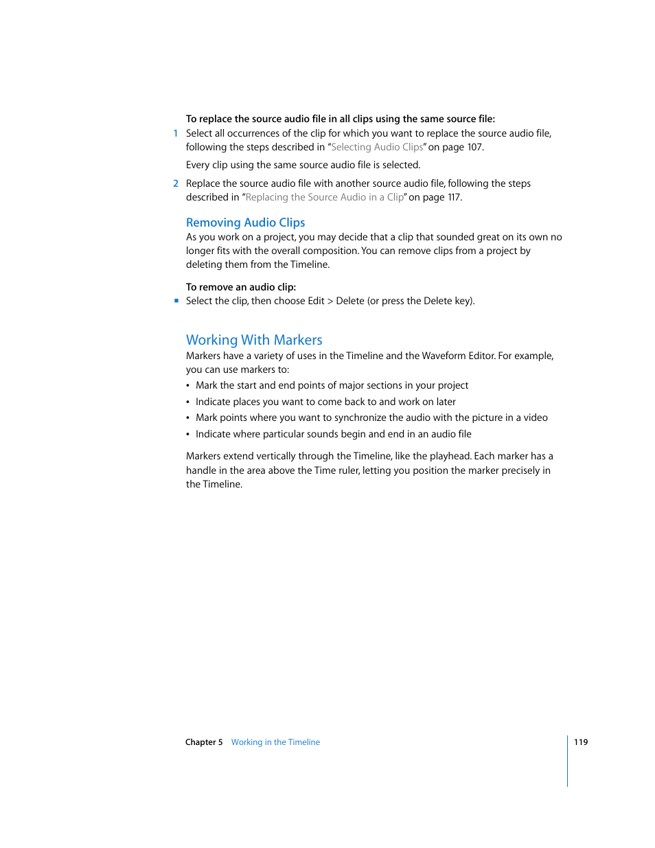 Removing audio clips, Working with markers | Apple Soundtrack Pro User Manual | Page 119 / 311