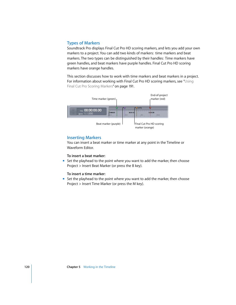 Types of markers, Inserting markers | Apple Soundtrack Pro User Manual | Page 120 / 311