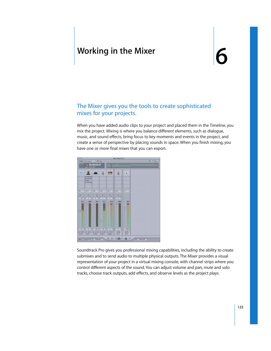 Working in the mixer, Chapter 6, See chapter 6 | Apple Soundtrack Pro User Manual | Page 123 / 311